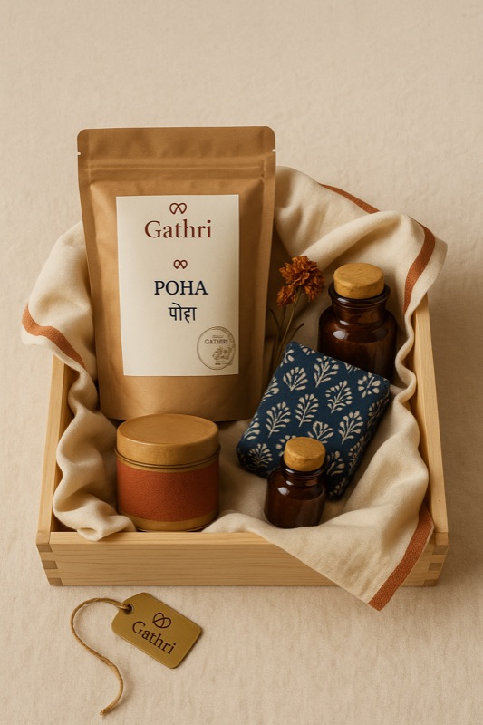 A Gathri of India corporate hamper — Open · inner tray · 4 regions